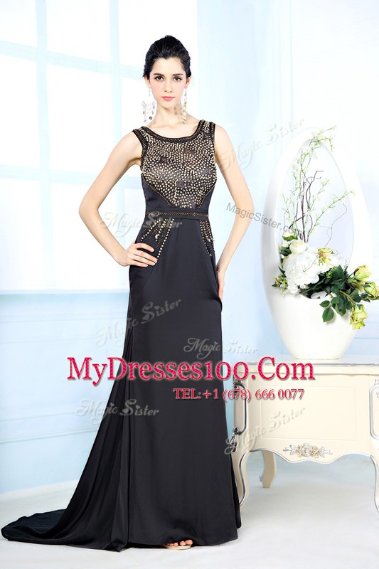 Bateau Sleeveless Side Zipper Evening Dress Black Chiffon