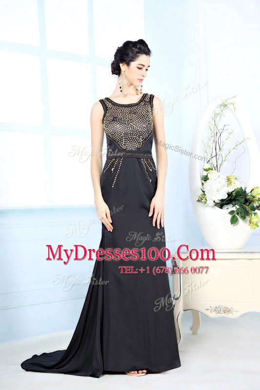 Bateau Sleeveless Side Zipper Evening Dress Black Chiffon