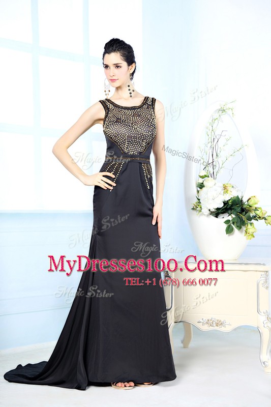 Bateau Sleeveless Side Zipper Evening Dress Black Chiffon