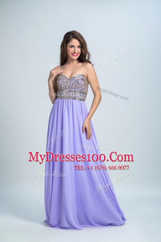 Decent Lavender Chiffon Zipper Prom Evening Gown Sleeveless With Brush Train Beading