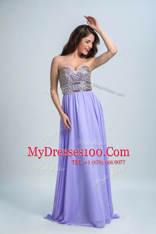 Decent Lavender Chiffon Zipper Prom Evening Gown Sleeveless With Brush Train Beading