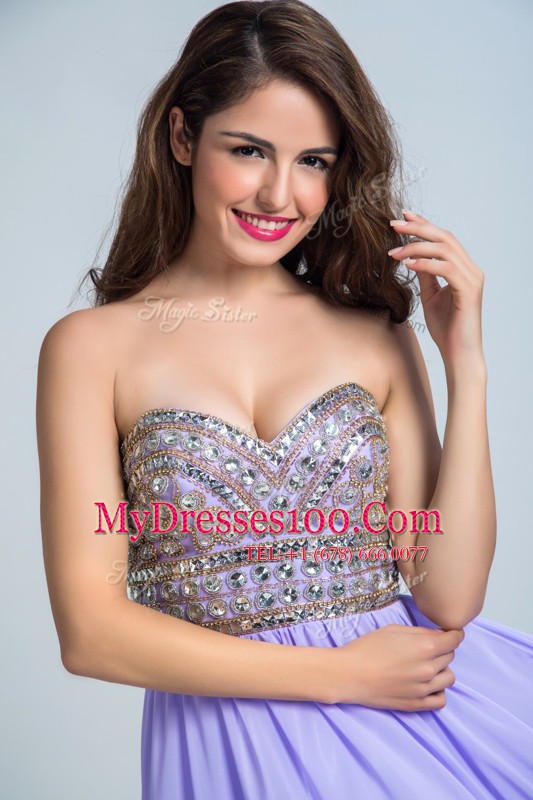 Decent Lavender Chiffon Zipper Prom Evening Gown Sleeveless With Brush Train Beading
