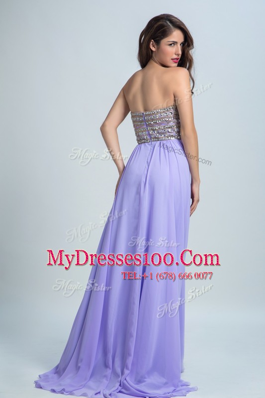Decent Lavender Chiffon Zipper Prom Evening Gown Sleeveless With Brush Train Beading
