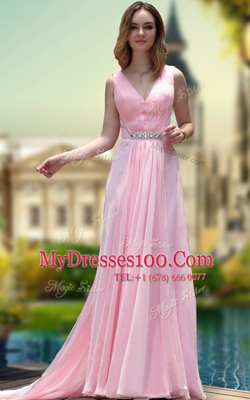 Smart Pink Chiffon Zipper V-neck Sleeveless Floor Length Prom Dresses Beading