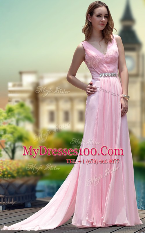 Smart Pink Chiffon Zipper V-neck Sleeveless Floor Length Prom Dresses Beading