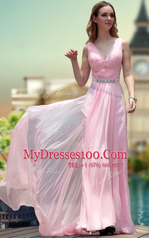 Smart Pink Chiffon Zipper V-neck Sleeveless Floor Length Prom Dresses Beading