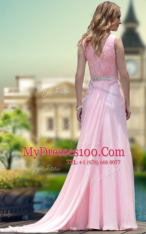 Smart Pink Chiffon Zipper V-neck Sleeveless Floor Length Prom Dresses Beading