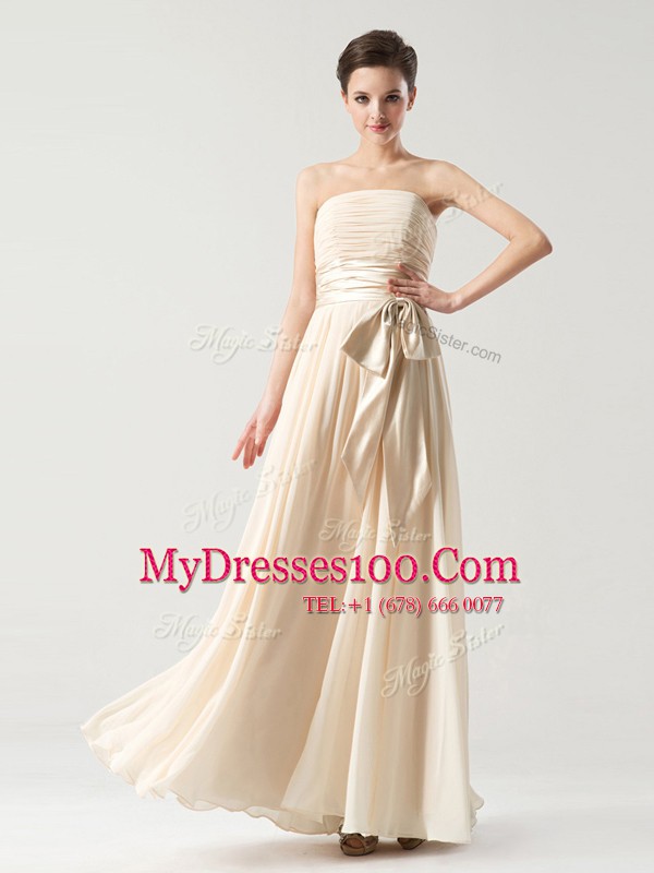 Floor Length Zipper Prom Gown Champagne for Prom and Party with Sashes ribbons and Ruching