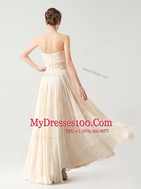 Floor Length Zipper Prom Gown Champagne for Prom and Party with Sashes ribbons and Ruching