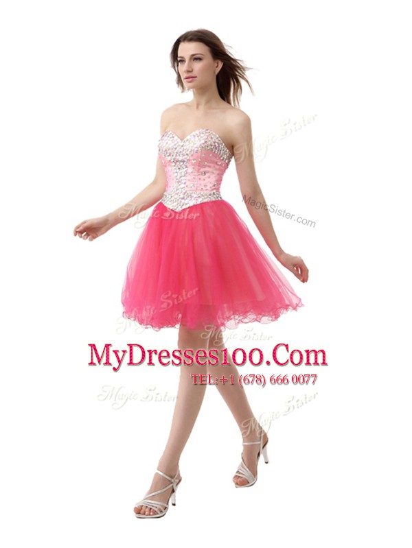 Artistic Sleeveless Organza Knee Length Zipper Dress for Prom in Coral Red with Beading