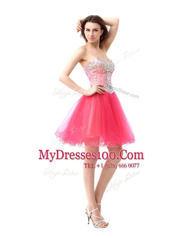 Artistic Sleeveless Organza Knee Length Zipper Dress for Prom in Coral Red with Beading