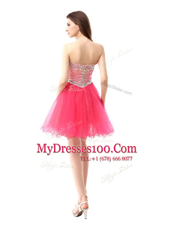 Artistic Sleeveless Organza Knee Length Zipper Dress for Prom in Coral Red with Beading