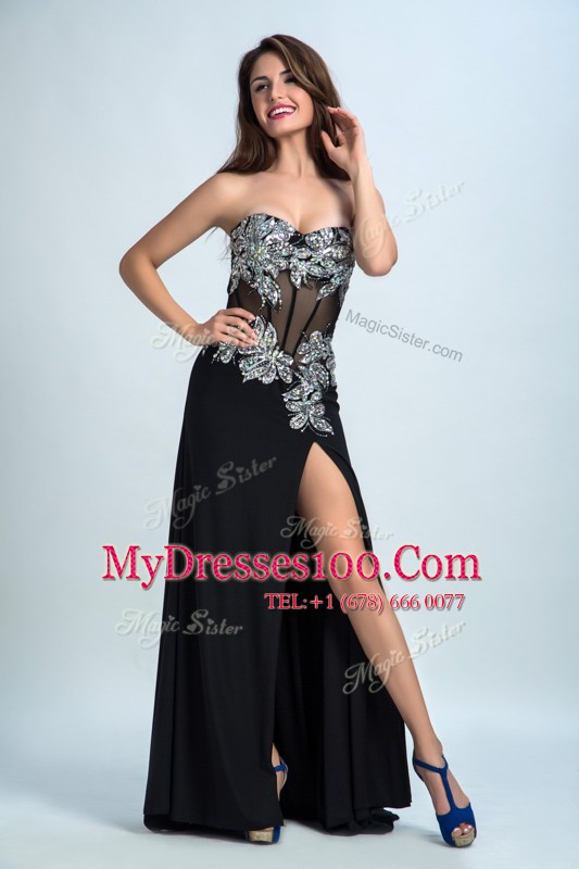 Black Sleeveless Brush Train Beading With Train Prom Evening Gown
