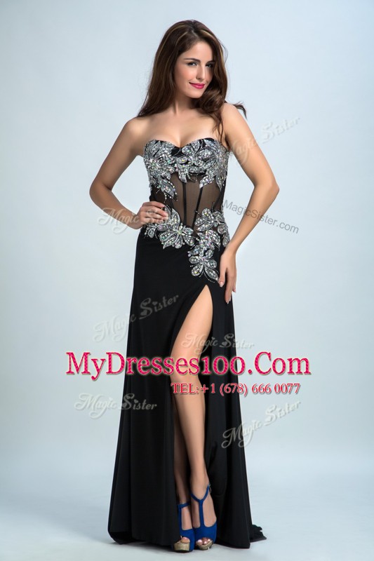 Black Sleeveless Brush Train Beading With Train Prom Evening Gown
