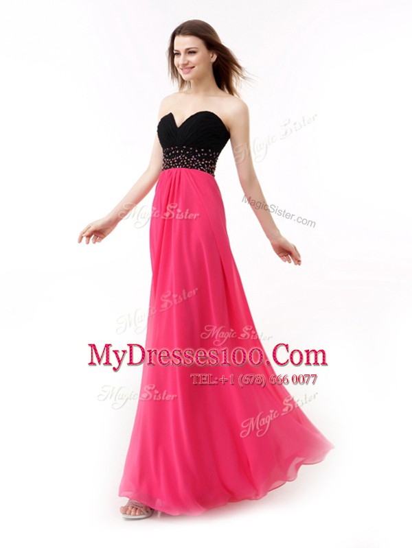 Captivating Floor Length Pink And Black Juniors Evening Dress Chiffon Sleeveless Beading and Ruffles