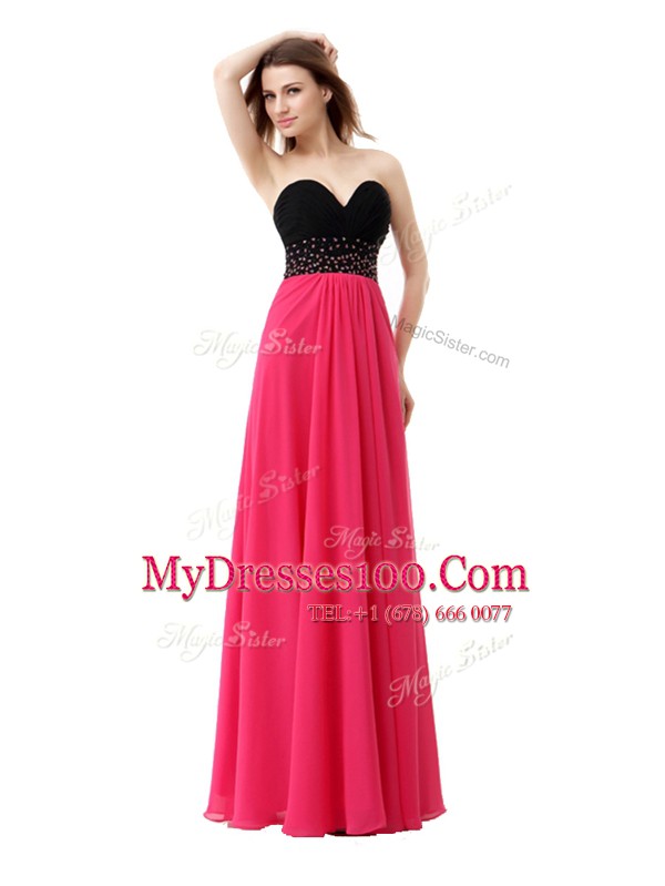 Captivating Floor Length Pink And Black Juniors Evening Dress Chiffon Sleeveless Beading and Ruffles