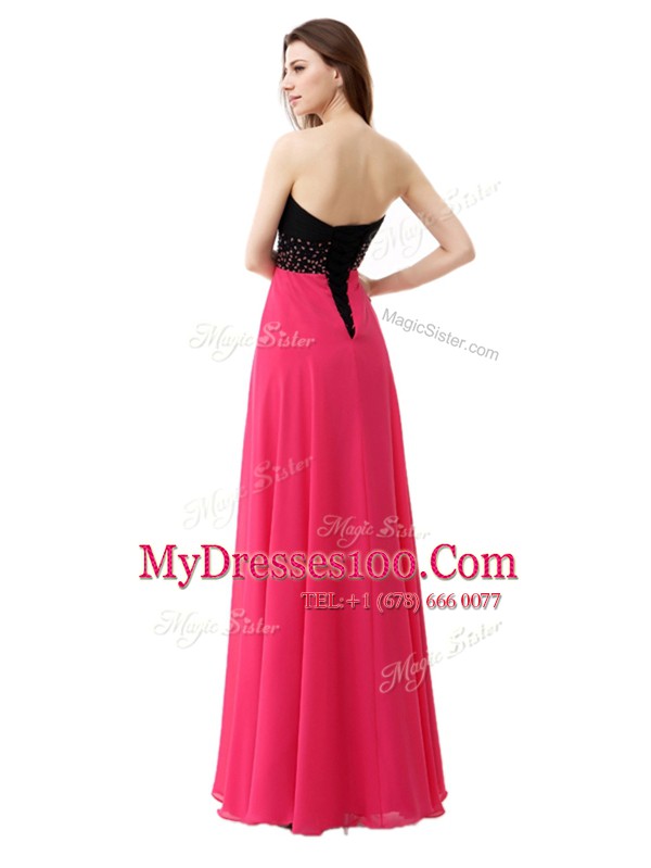 Captivating Floor Length Pink And Black Juniors Evening Dress Chiffon Sleeveless Beading and Ruffles