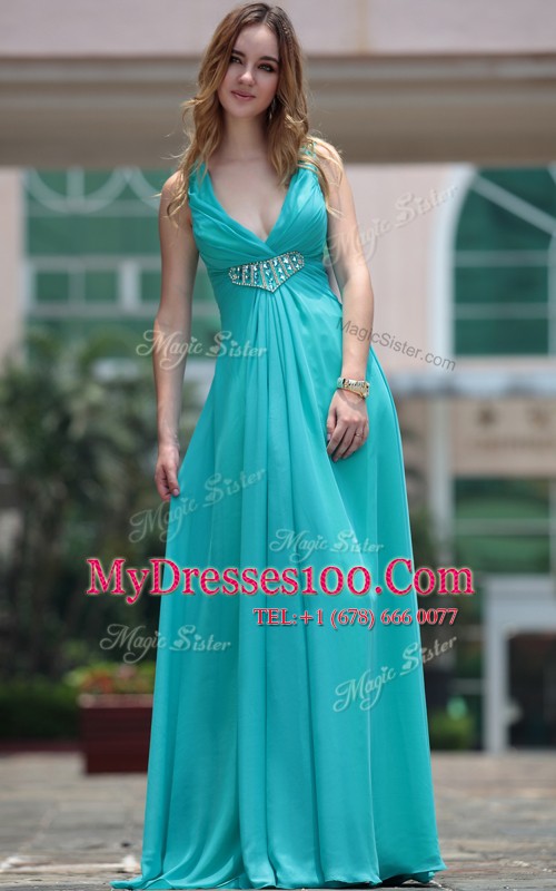 High Quality V-neck Sleeveless Chiffon Prom Dress Beading Side Zipper