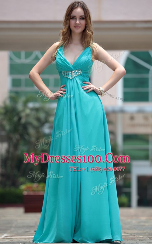 High Quality V-neck Sleeveless Chiffon Prom Dress Beading Side Zipper