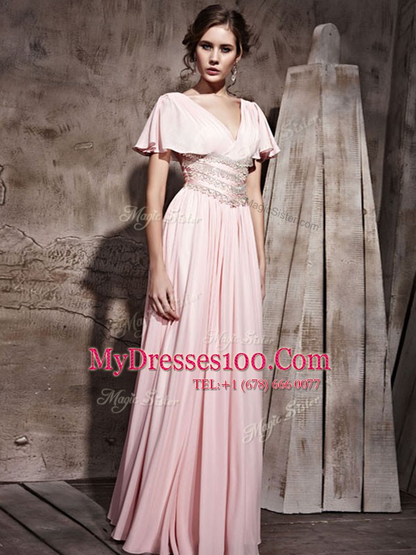 Most Popular Pink Column/Sheath V-neck Short Sleeves Chiffon Floor Length Side Zipper Beading and Ruching Mother Of The Bride Dress