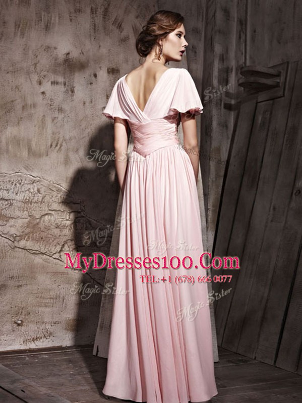 Most Popular Pink Column/Sheath V-neck Short Sleeves Chiffon Floor Length Side Zipper Beading and Ruching Mother Of The Bride Dress