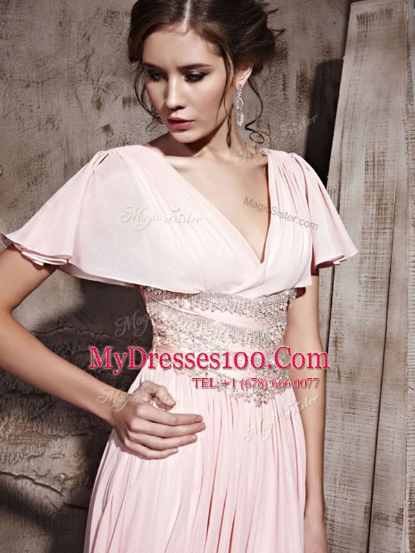 Most Popular Pink Column/Sheath V-neck Short Sleeves Chiffon Floor Length Side Zipper Beading and Ruching Mother Of The Bride Dress