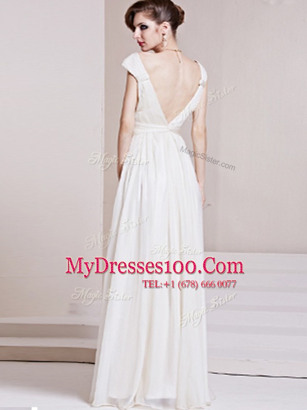 Attractive Chiffon V-neck Cap Sleeves Backless Beading and Ruching Mother Of The Bride Dress in White
