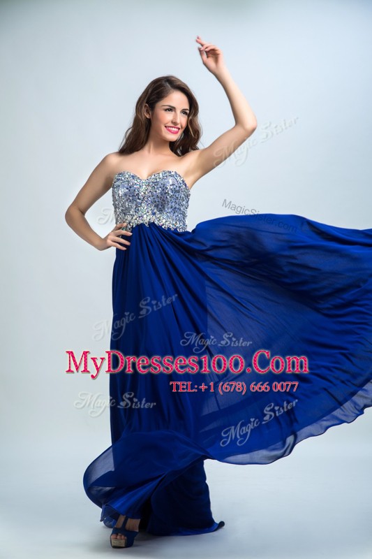 Royal Blue Sleeveless Chiffon Brush Train Zipper Evening Dress for Prom and Party