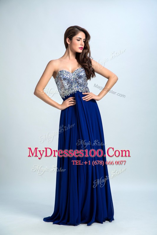 Royal Blue Sleeveless Chiffon Brush Train Zipper Evening Dress for Prom and Party