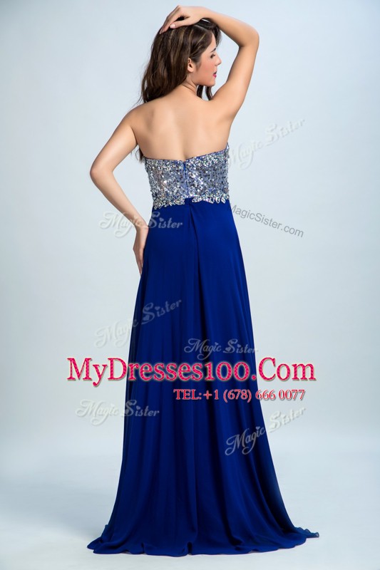 Royal Blue Sleeveless Chiffon Brush Train Zipper Evening Dress for Prom and Party