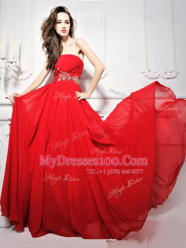 With Train Column/Sheath Sleeveless Red Brush Train Lace Up