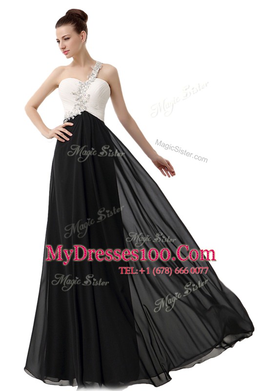 Elegant One Shoulder Floor Length Zipper Prom Dresses White And Black for Prom with Beading