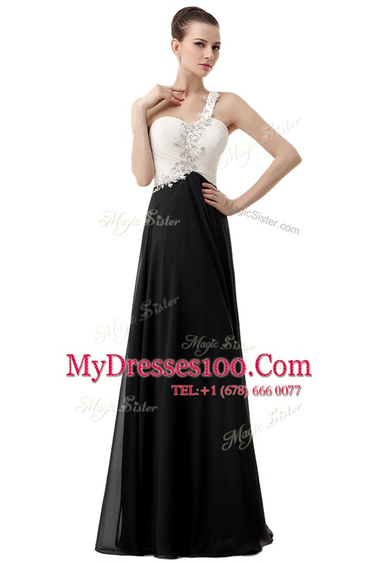 Elegant One Shoulder Floor Length Zipper Prom Dresses White And Black for Prom with Beading