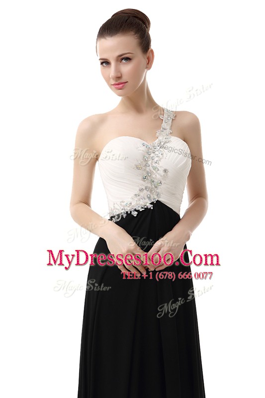 Elegant One Shoulder Floor Length Zipper Prom Dresses White And Black for Prom with Beading