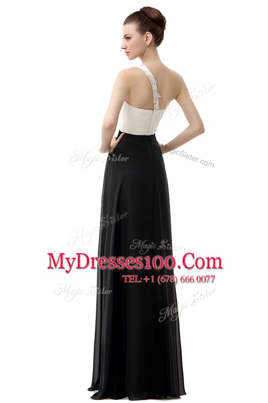 Elegant One Shoulder Floor Length Zipper Prom Dresses White And Black for Prom with Beading
