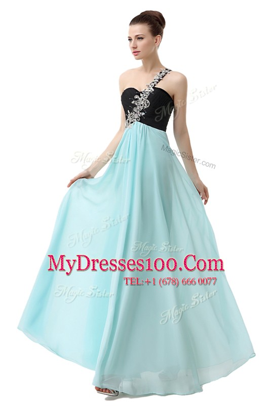 One Shoulder Blue And Black Empire Beading and Ruffles Prom Dress Zipper Chiffon Sleeveless Floor Length