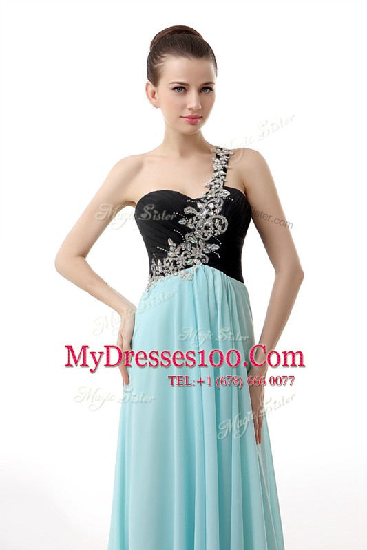 One Shoulder Blue And Black Empire Beading and Ruffles Prom Dress Zipper Chiffon Sleeveless Floor Length