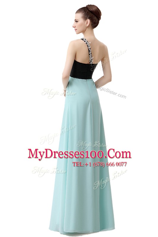One Shoulder Blue And Black Empire Beading and Ruffles Prom Dress Zipper Chiffon Sleeveless Floor Length