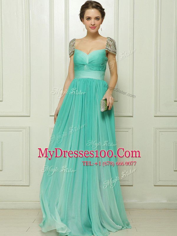 High Quality Turquoise Zipper Sweetheart Beading and Ruching Chiffon Cap Sleeves