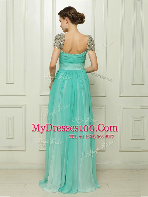 High Quality Turquoise Zipper Sweetheart Beading and Ruching Chiffon Cap Sleeves