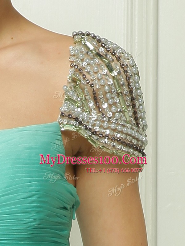 High Quality Turquoise Zipper Sweetheart Beading and Ruching Chiffon Cap Sleeves
