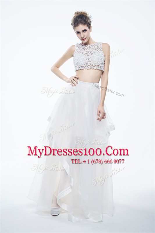White Chiffon Zipper Scoop Sleeveless Floor Length Homecoming Dress Beading and Lace