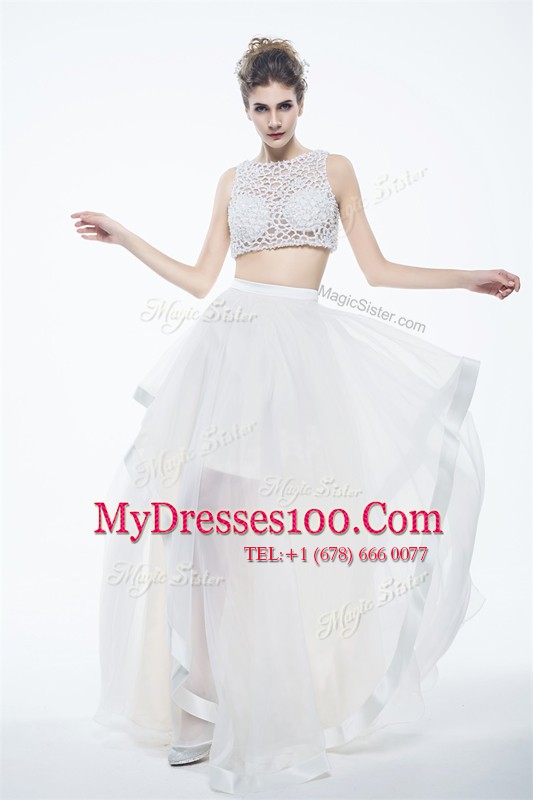 White Chiffon Zipper Scoop Sleeveless Floor Length Homecoming Dress Beading and Lace