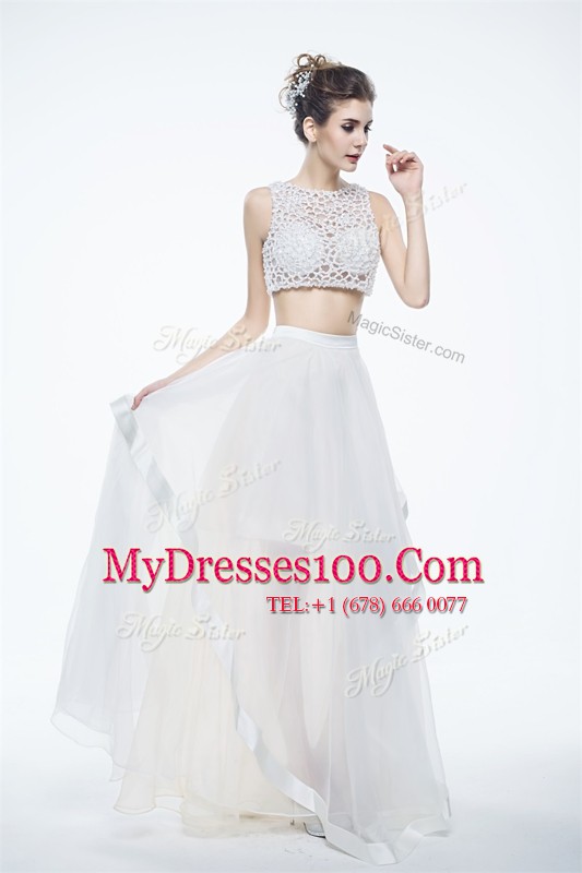 White Chiffon Zipper Scoop Sleeveless Floor Length Homecoming Dress Beading and Lace