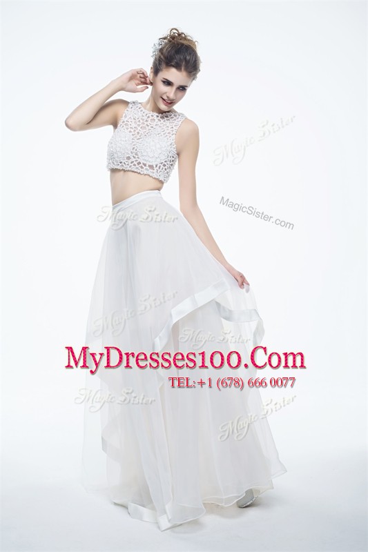 White Chiffon Zipper Scoop Sleeveless Floor Length Homecoming Dress Beading and Lace