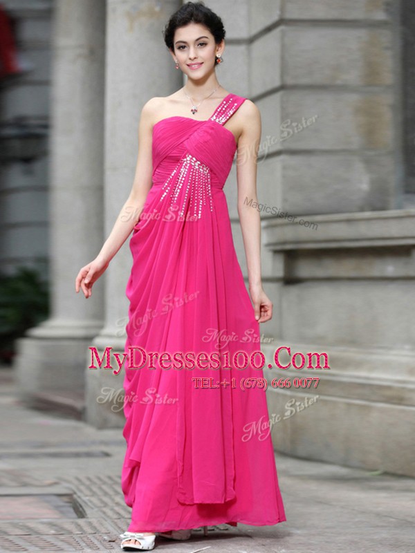 Nice Hot Pink A-line Sequins Prom Dresses Zipper Chiffon Sleeveless Floor Length