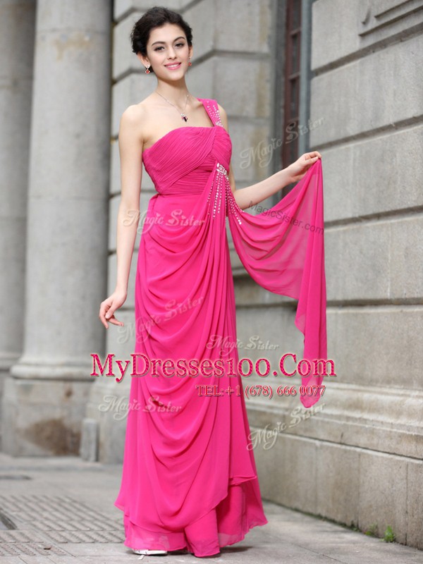 Nice Hot Pink A-line Sequins Prom Dresses Zipper Chiffon Sleeveless Floor Length