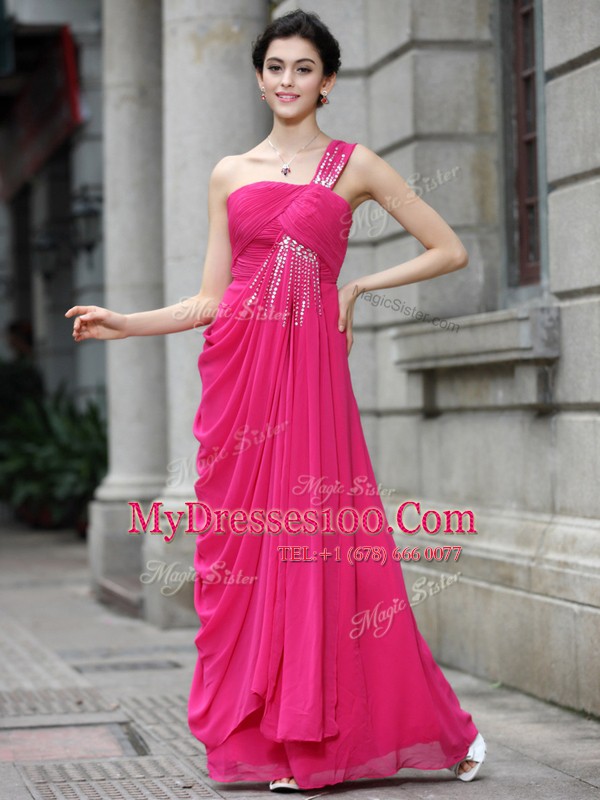 Nice Hot Pink A-line Sequins Prom Dresses Zipper Chiffon Sleeveless Floor Length