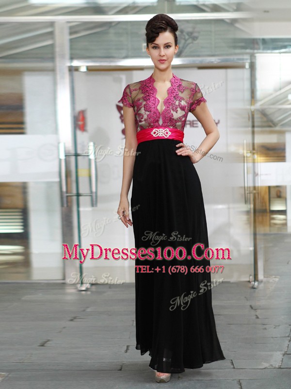 Short Sleeves Chiffon Ankle Length Zipper Mother Of The Bride Dress in Red And Black with Appliques and Ruching