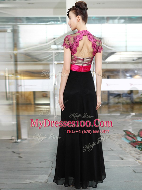 Short Sleeves Chiffon Ankle Length Zipper Mother Of The Bride Dress in Red And Black with Appliques and Ruching